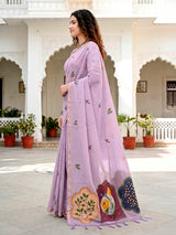 Lavender floral printed cotton saree with designer patch detailing