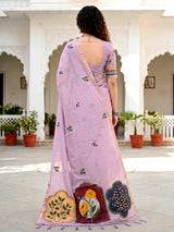 Lavender floral printed cotton saree with designer patch detailing