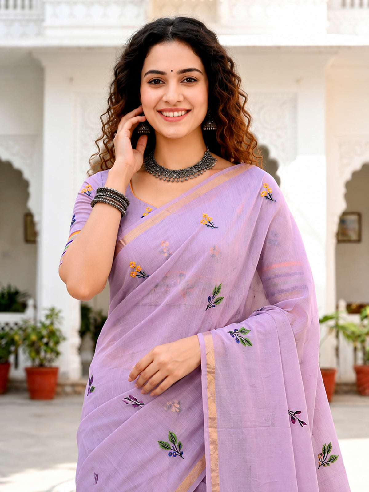 Lavender floral printed cotton saree with designer patch detailing