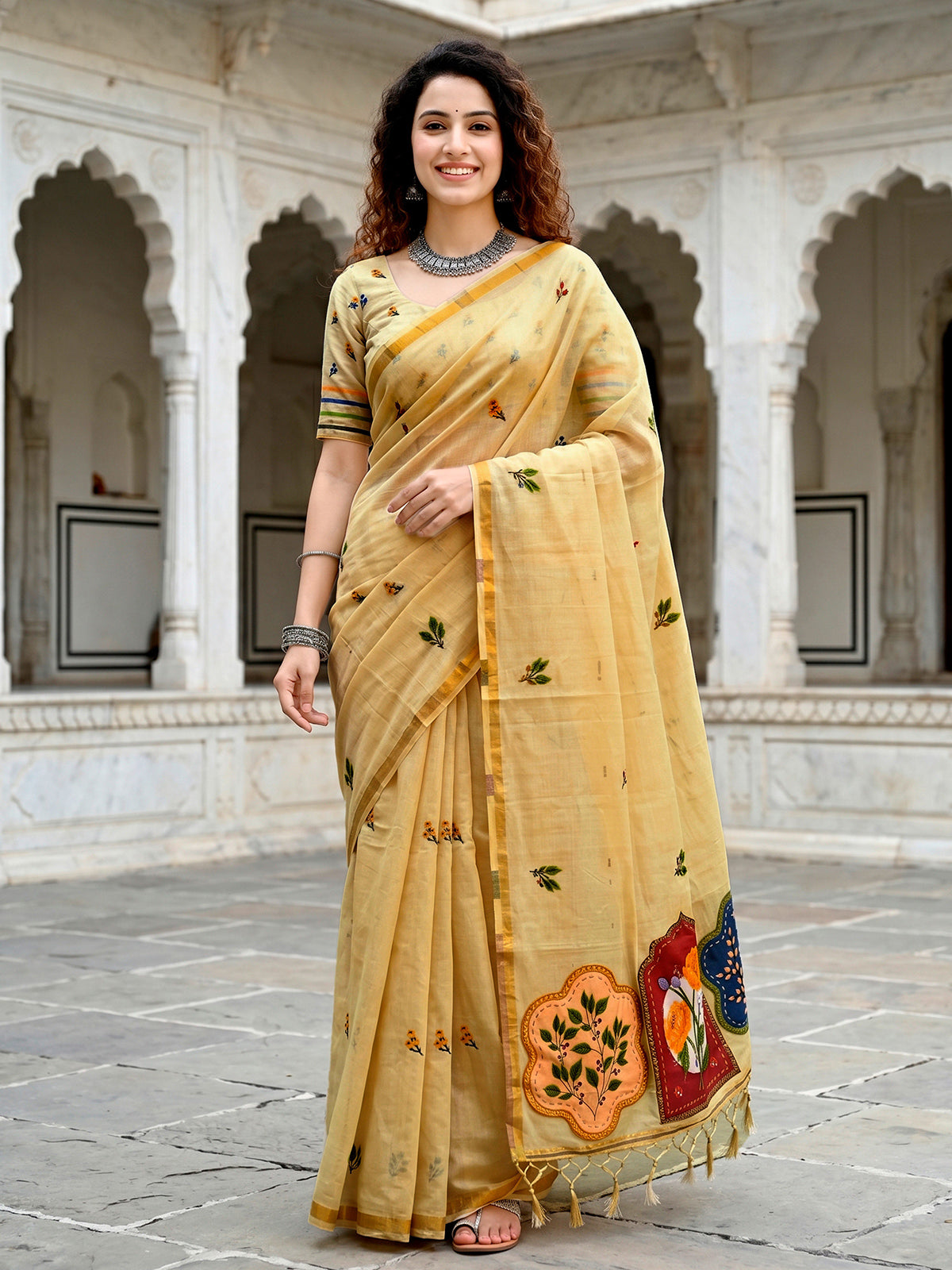 Yellow festive cotton blend saree with artistic patch work