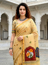 Yellow festive cotton blend saree with artistic patch work