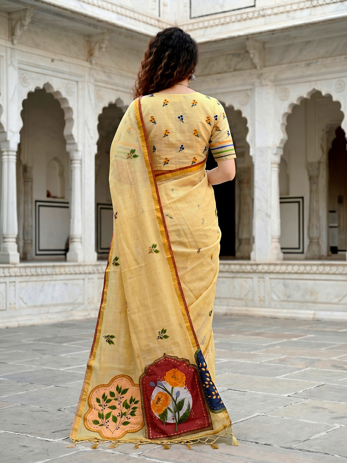 Yellow festive cotton blend saree with artistic patch work