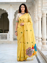 Light yellow elegant cotton blend saree with floral patch work