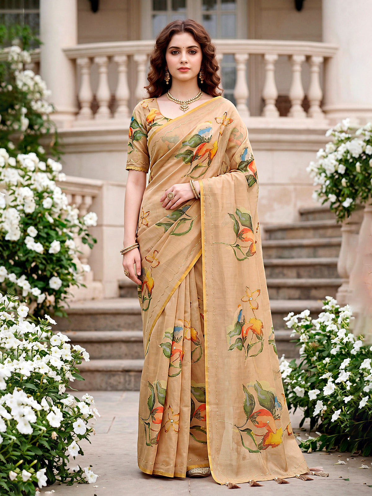Beige premium linen cotton saree with floral printed artistry