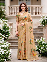 Beige premium linen cotton saree with floral printed artistry