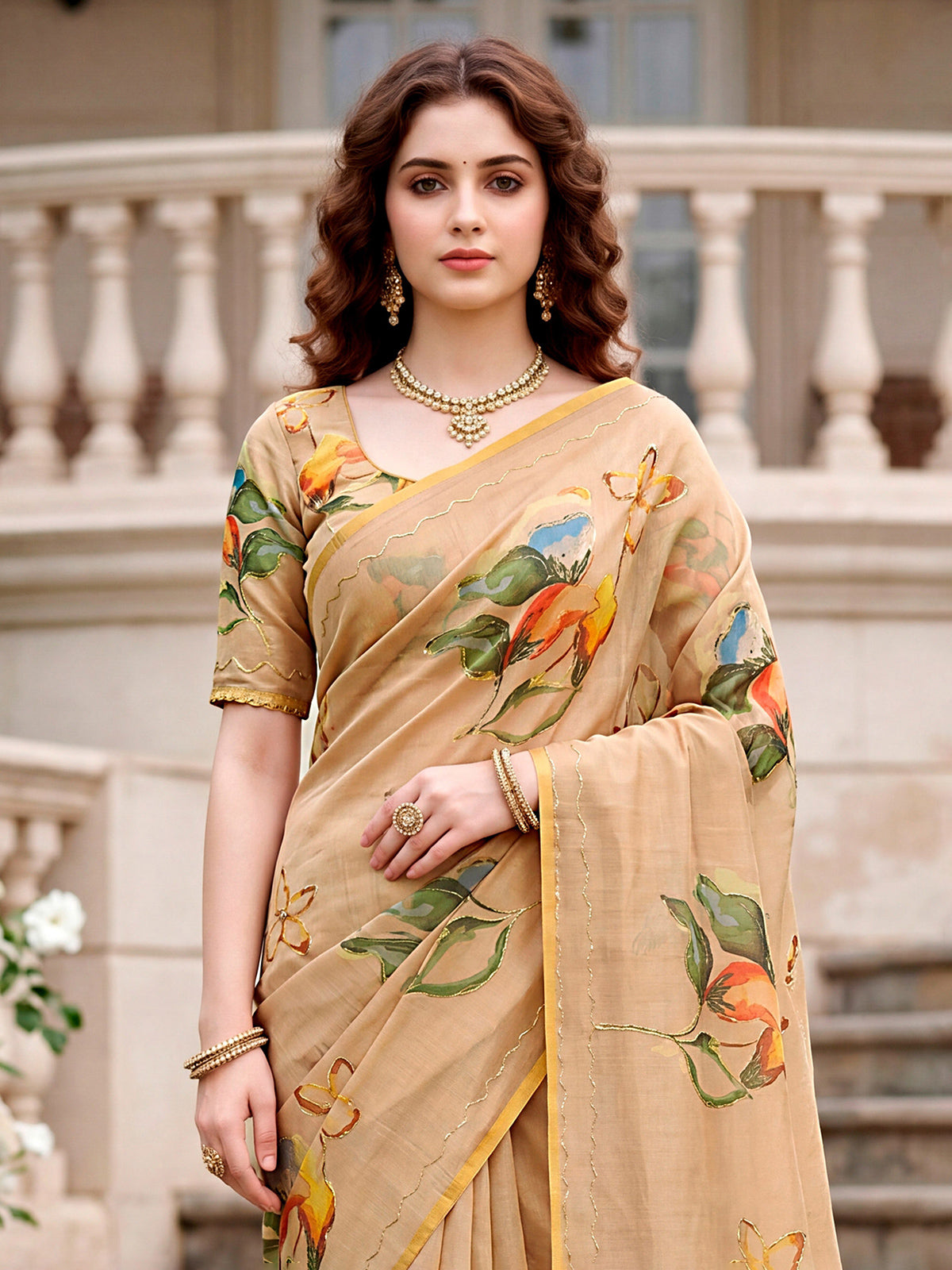Beige premium linen cotton saree with floral printed artistry