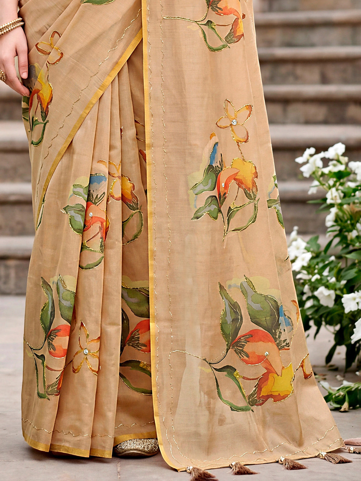 Beige premium linen cotton saree with floral printed artistry