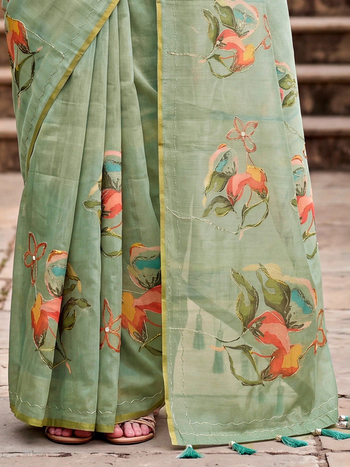 Mint blue designer linen cotton saree with floral printed elegance