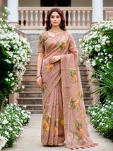 Brown floral printed linen cotton saree with elegant zardosi work