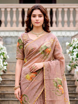 Brown floral printed linen cotton saree with elegant zardosi work