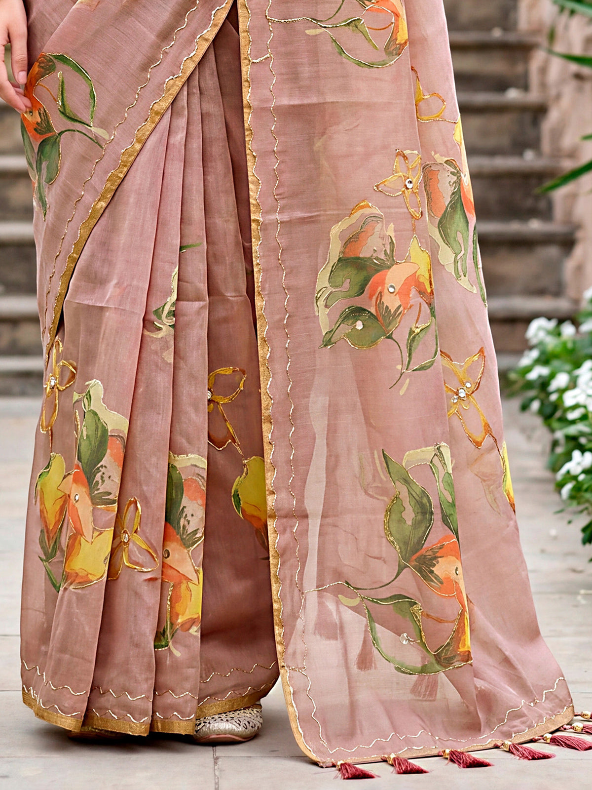 Brown floral printed linen cotton saree with elegant zardosi work