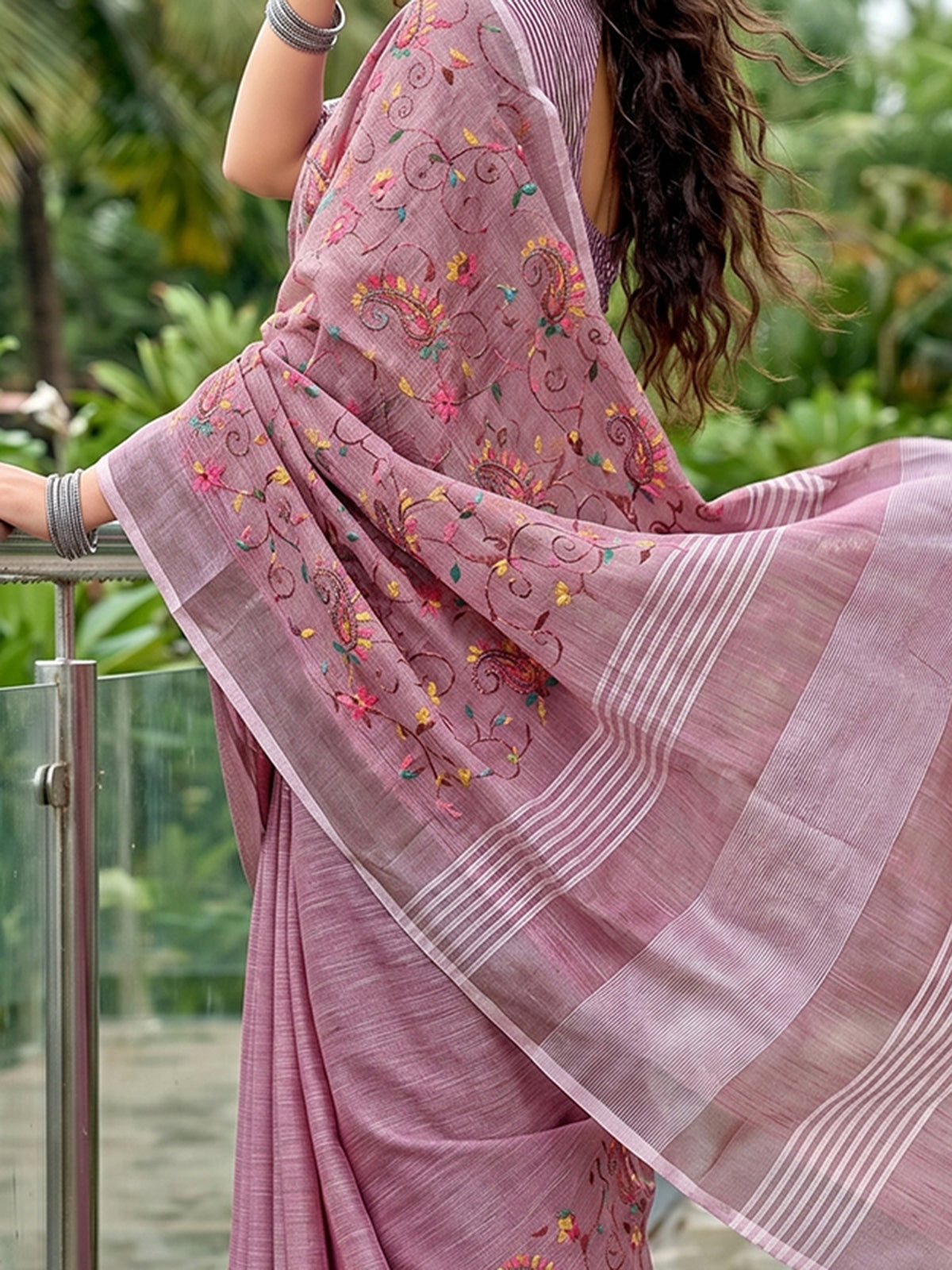 Onion pink elegant linen saree with handcrafted kashmiri embroidery