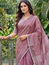 Onion pink elegant linen saree with handcrafted kashmiri embroidery