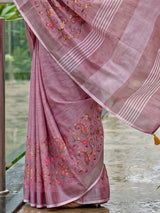 Onion pink elegant linen saree with handcrafted kashmiri embroidery