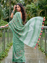 Mint green designer linen saree with kashmiri floral embroidery