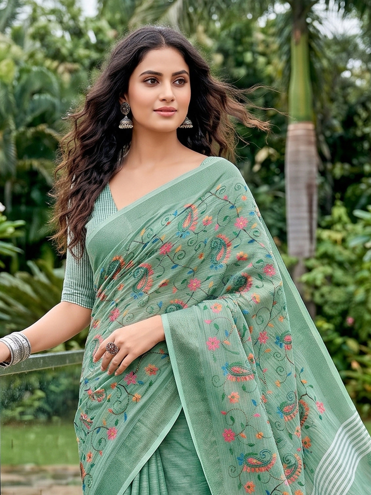 Mint green designer linen saree with kashmiri floral embroidery