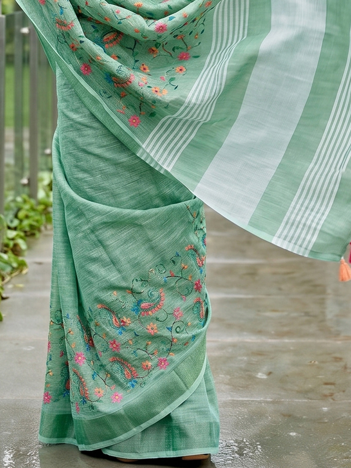 Mint green designer linen saree with kashmiri floral embroidery