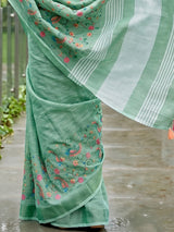 Mint green designer linen saree with kashmiri floral embroidery