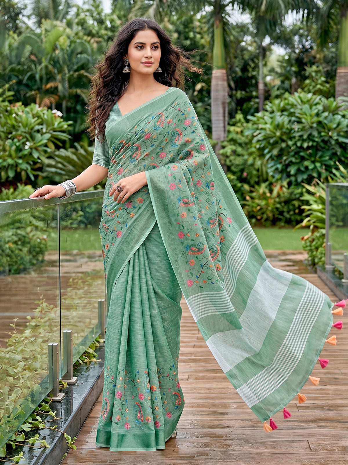 Mint green designer linen saree with kashmiri floral embroidery