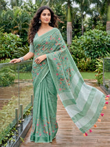 Mint green designer linen saree with kashmiri floral embroidery