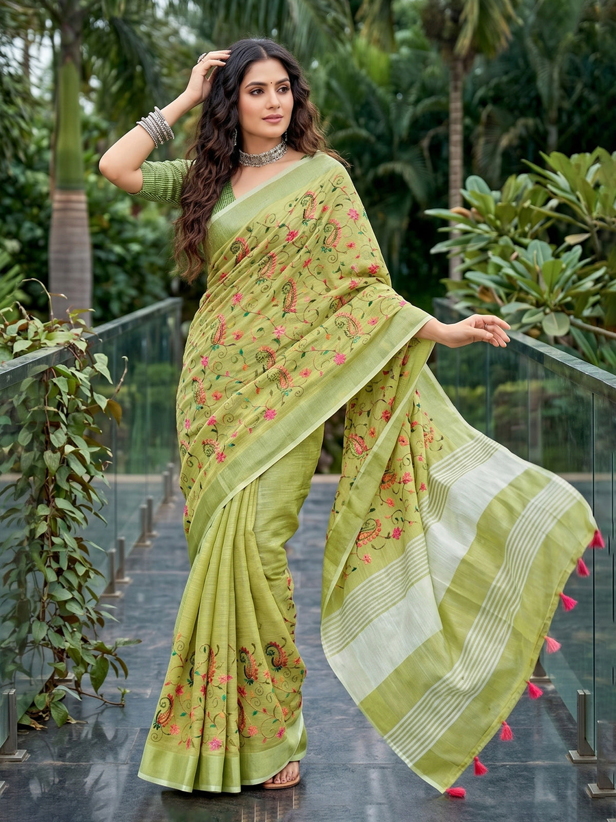 Green premium linen saree with floral kashmiri embroidery