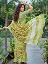 Green premium linen saree with floral kashmiri embroidery