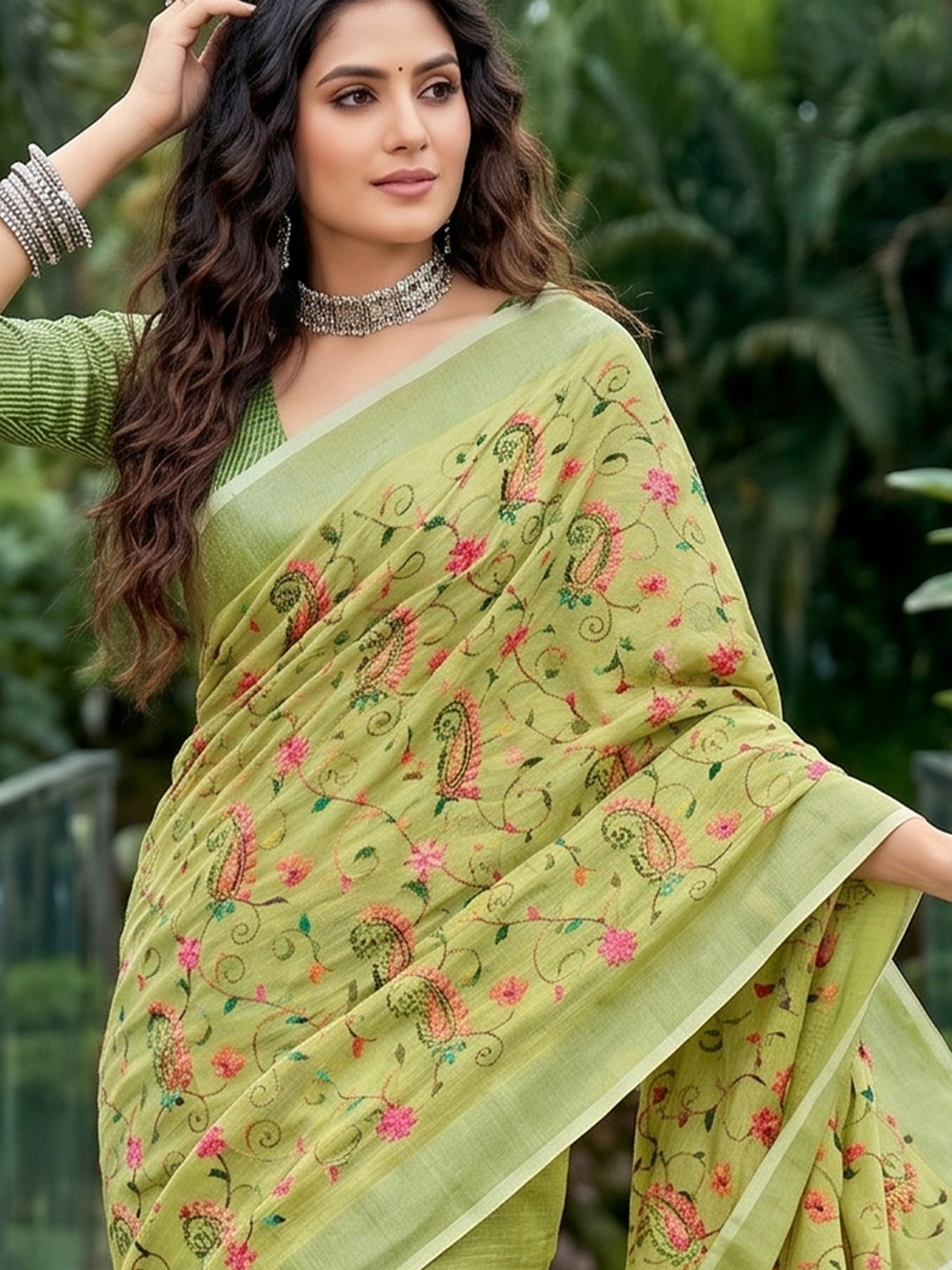Green premium linen saree with floral kashmiri embroidery