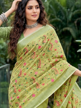 Green premium linen saree with floral kashmiri embroidery
