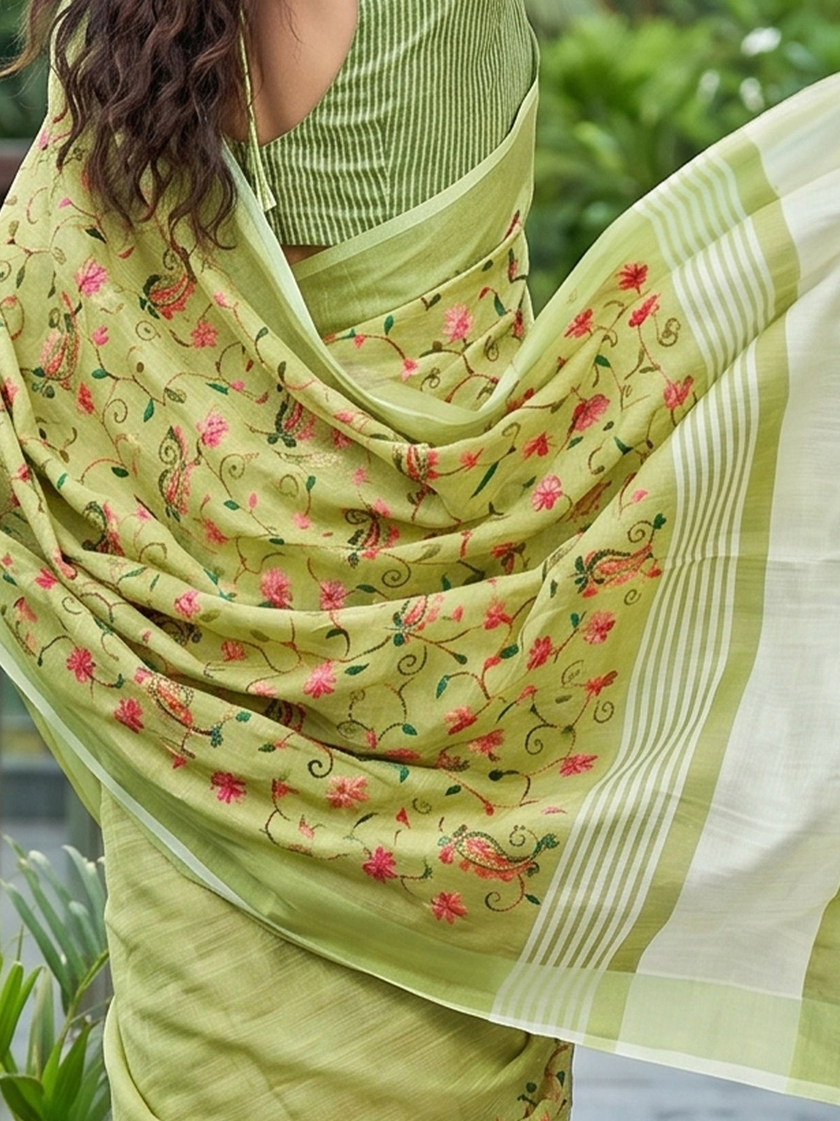 Green premium linen saree with floral kashmiri embroidery