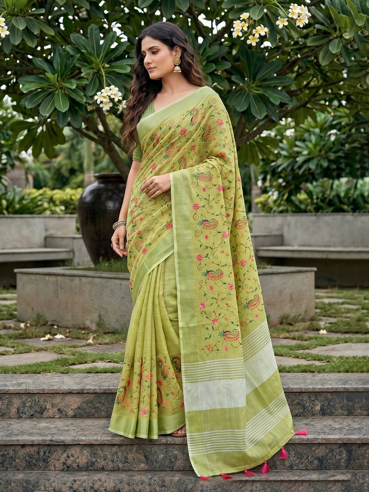 Green premium linen saree with floral kashmiri embroidery