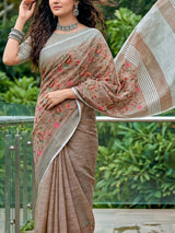 Brown floral kashmiri embroidered linen saree with elegant tassels