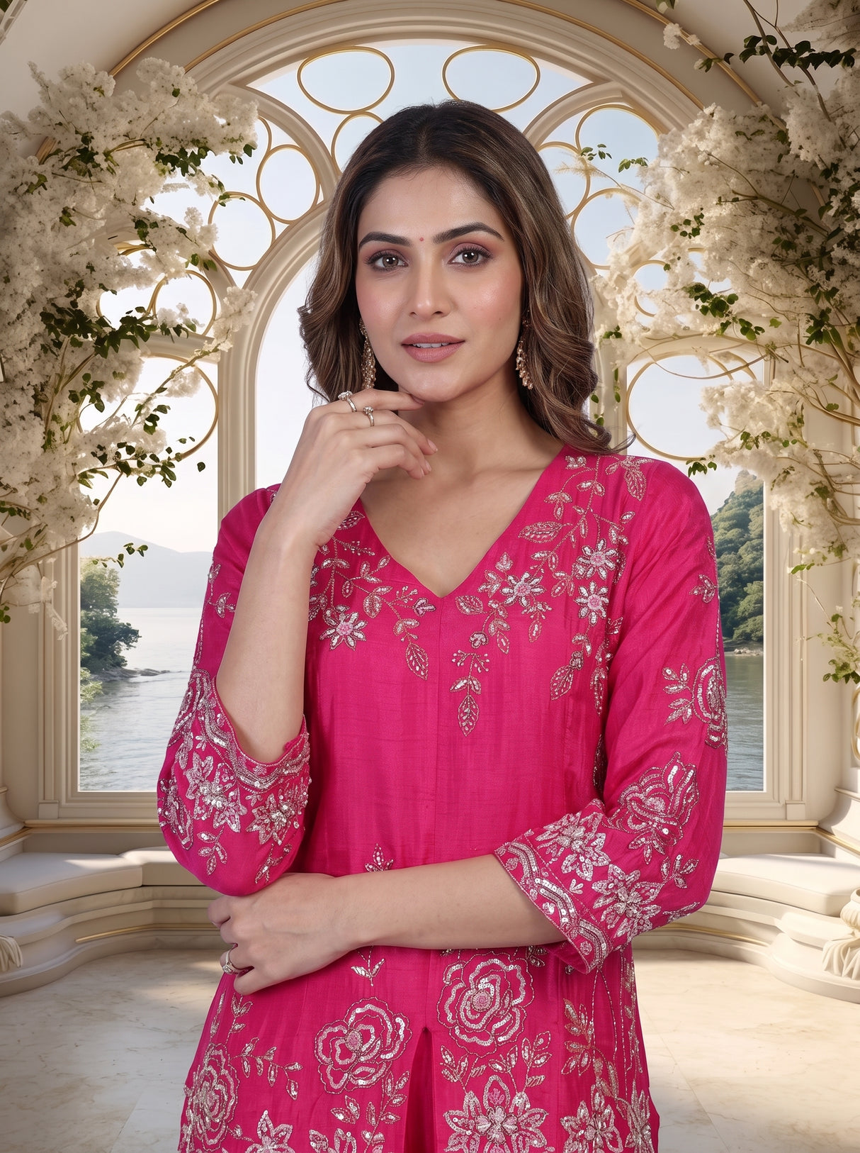 Rani pink embroidered cotton silk sharara suit with organza dupatta