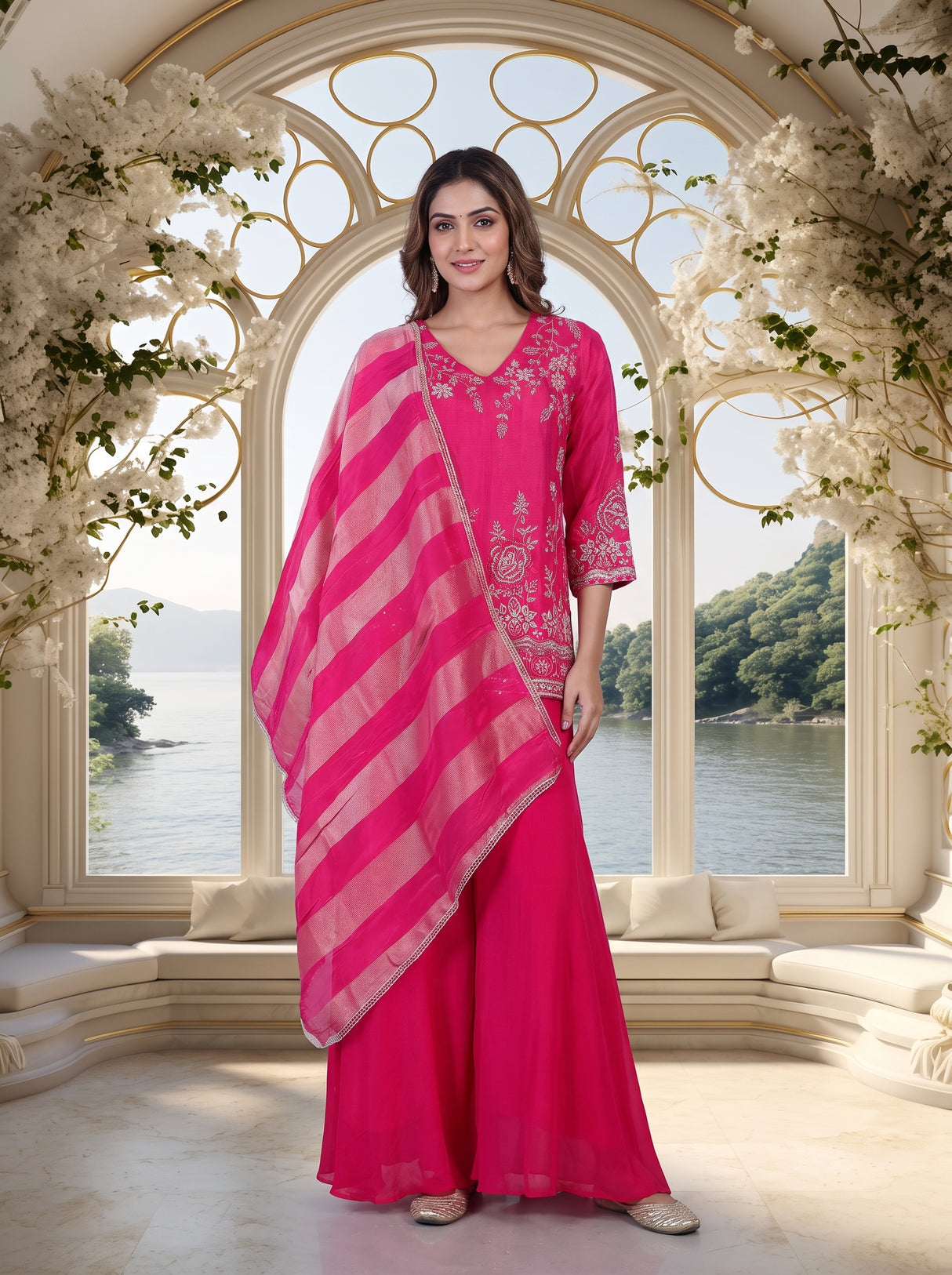 Rani pink embroidered cotton silk sharara suit with organza dupatta