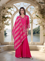 Rani pink embroidered cotton silk sharara suit with organza dupatta