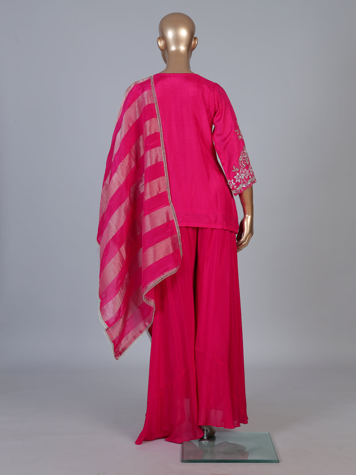 Rani pink embroidered cotton silk sharara suit with organza dupatta