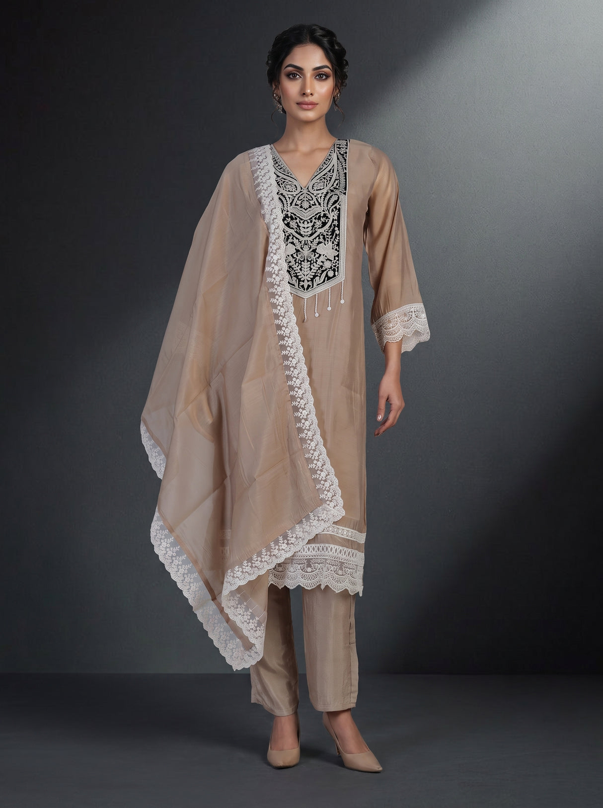 Beige embroidered cotton silk pant suit with festive dupatta