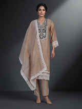 Beige embroidered cotton silk pant suit with festive dupatta