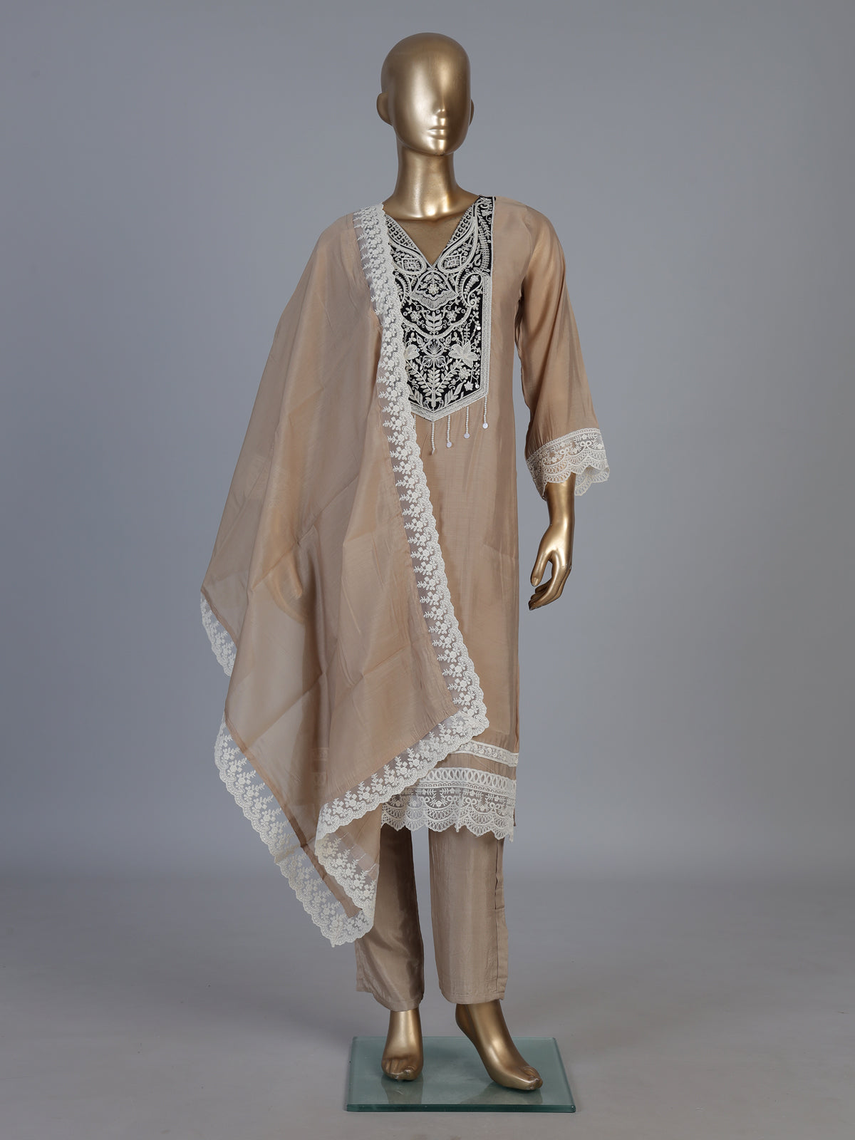 Beige embroidered cotton silk pant suit with festive dupatta