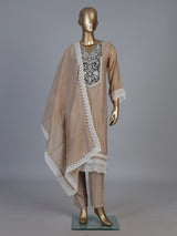 Beige embroidered cotton silk pant suit with festive dupatta