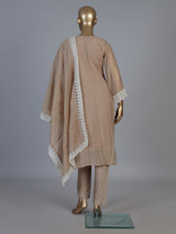 Beige embroidered cotton silk pant suit with festive dupatta