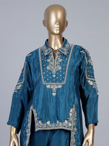 Blue designer silk sharara suit with contemporary asymmetrical style