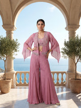 Pink organza silk Indo-Western sharara suit with cape jacket