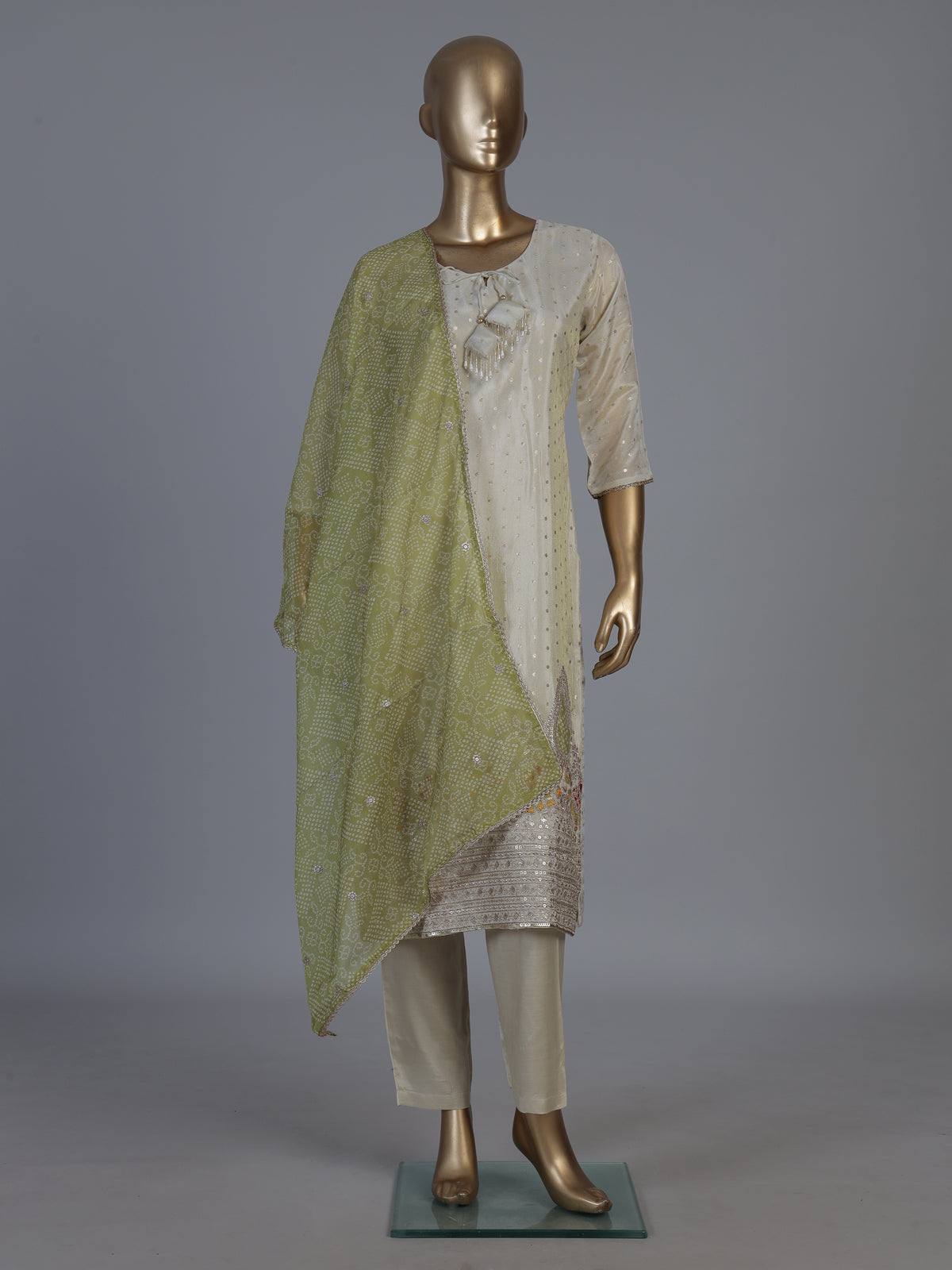 Cream silk straight salwar suit with Bandhani printed dupatta