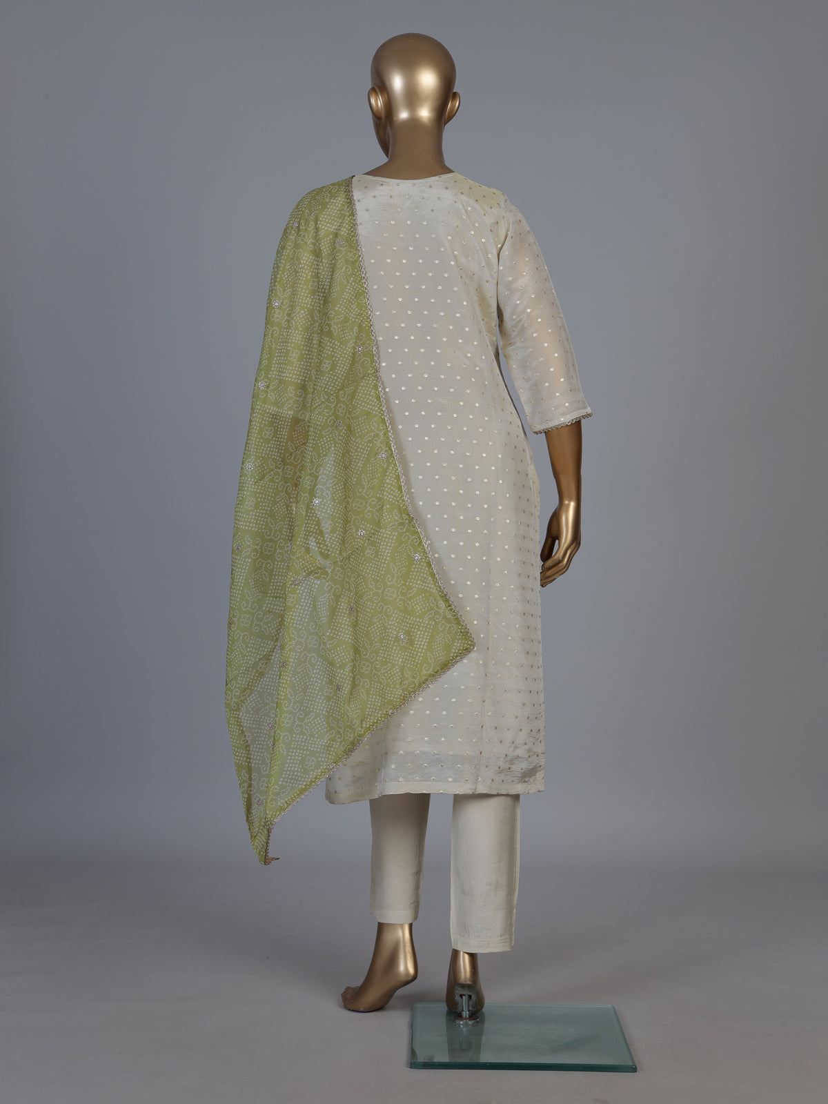 Cream silk straight salwar suit with Bandhani printed dupatta