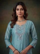 Blue festive cotton silk straight salwar suit with embroidered dupatta