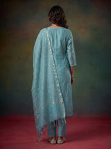 Blue festive cotton silk straight salwar suit with embroidered dupatta