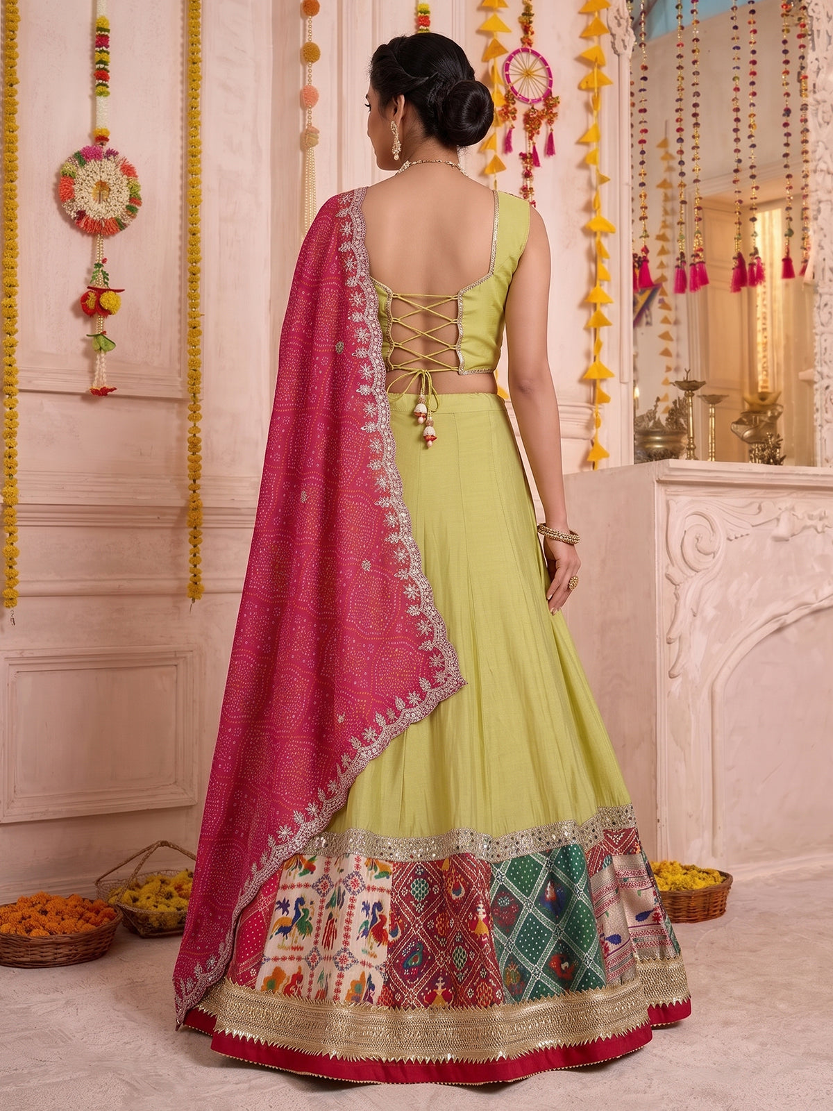 Yellow satin silk lehenga choli with dupatta