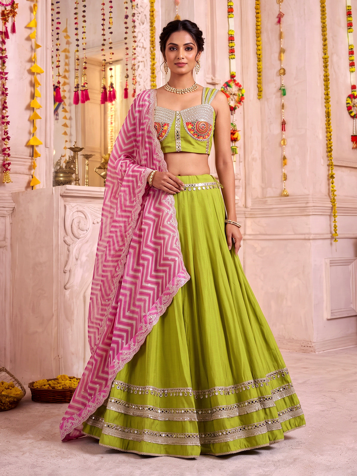 Parrot green upada silk festive lehenga choli with dupatta