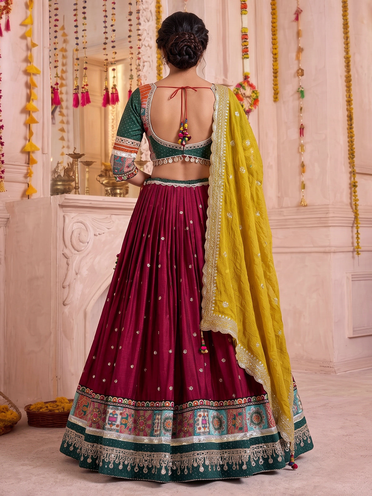 Maroon georgette silk embroidered lehenga choli with dupatta
