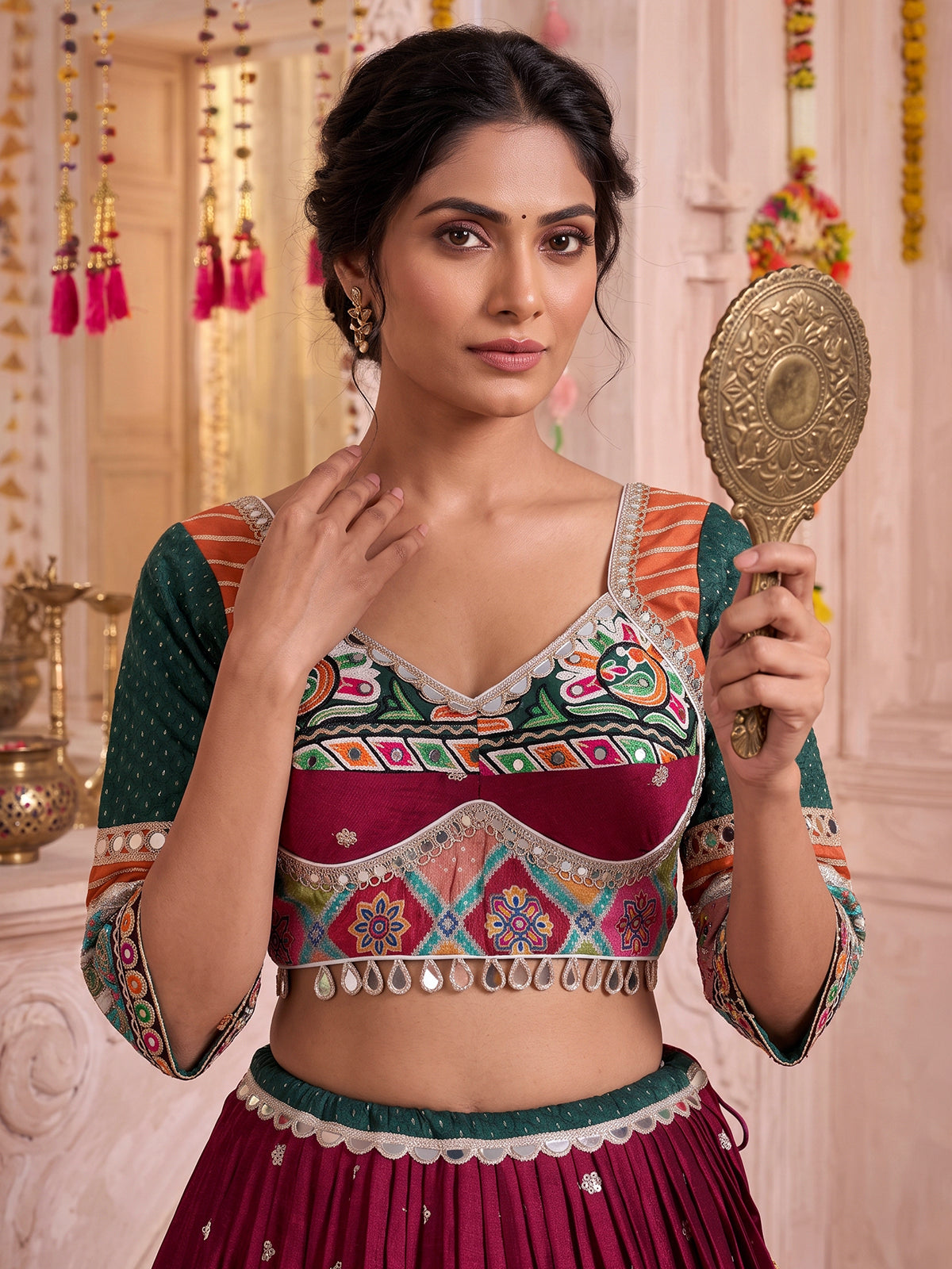 Maroon georgette silk embroidered lehenga choli with dupatta